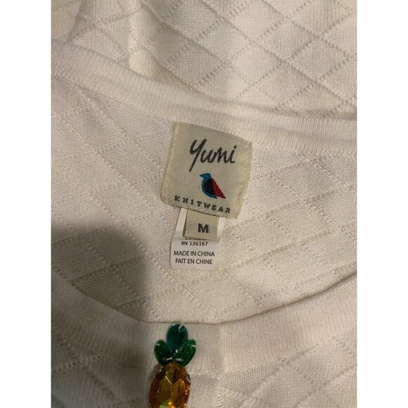 Yumi White Diamond Knit Cardigan W/ Pineapple Jewel Button Cardigan, Size Medium - Picture 6 of 6